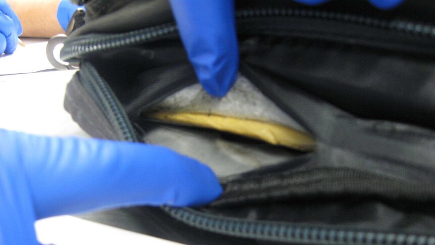 The hands of a person wearing blue gloves open the side of a bag showing drugs inside in a yellow packet