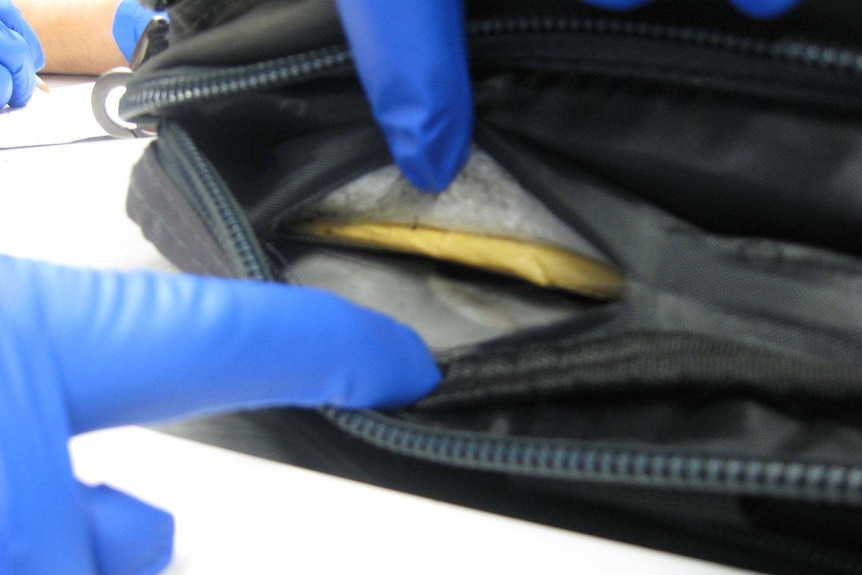 The hands of a person wearing blue gloves open the side of a bag showing drugs inside in a yellow packet