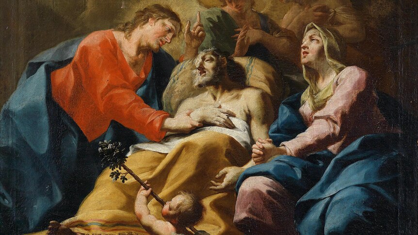 An oil painting of Saint Joseph dying in bed surrounded by supporters