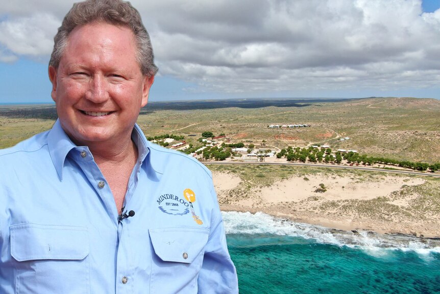A photoshopped image of billionaire Andrew Forrest's profile against an aerial of a beachfront resort