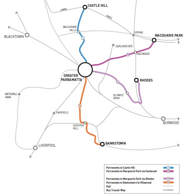 The planned route of a proposed light rail network in western Sydney