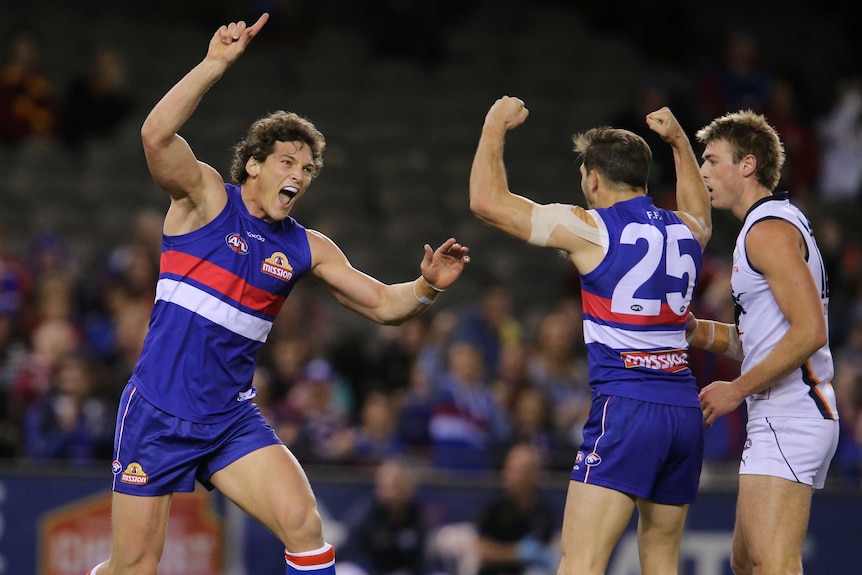 The Western Bulldogs' Will Minson celebrates after kicking a goal against Adelaide.