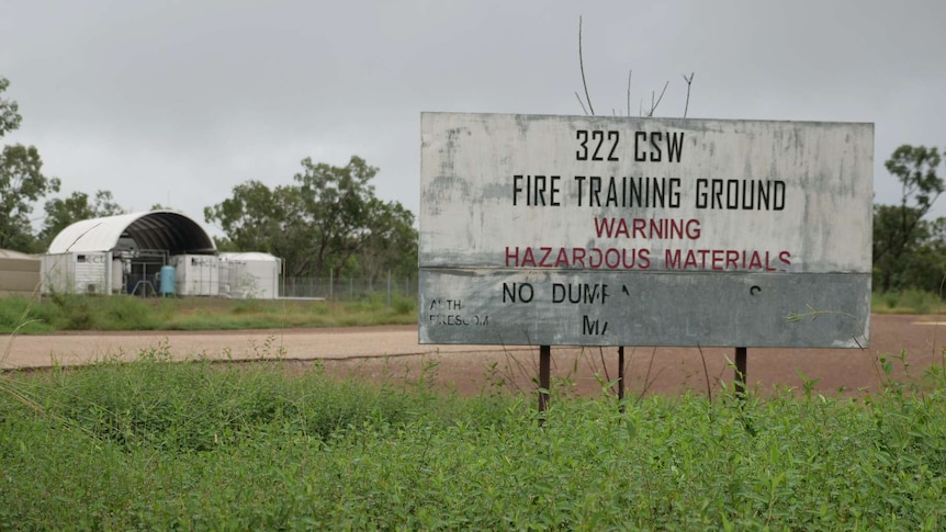 A sign for a fire training ground near Tindal Airforce base warning of hazardous material.