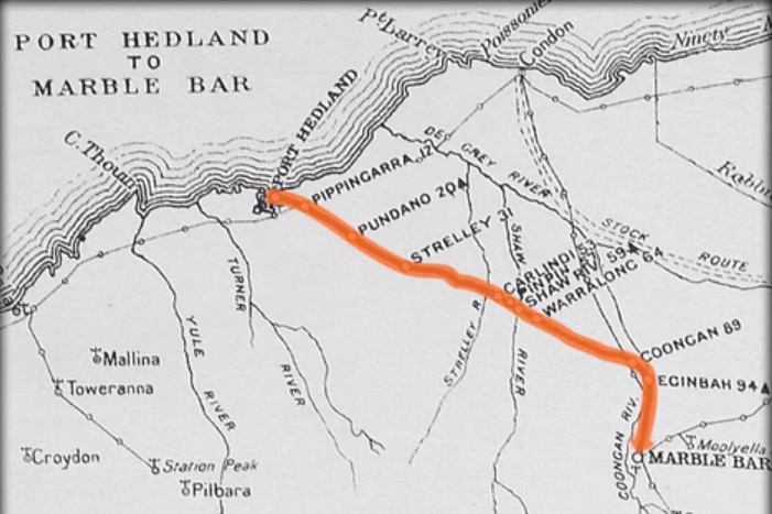 Black and white map with train route from Marble Bar to Port Hedland outlined in orange.