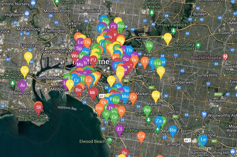 A map of Melbourne with colourful locator pins superimposed on it.