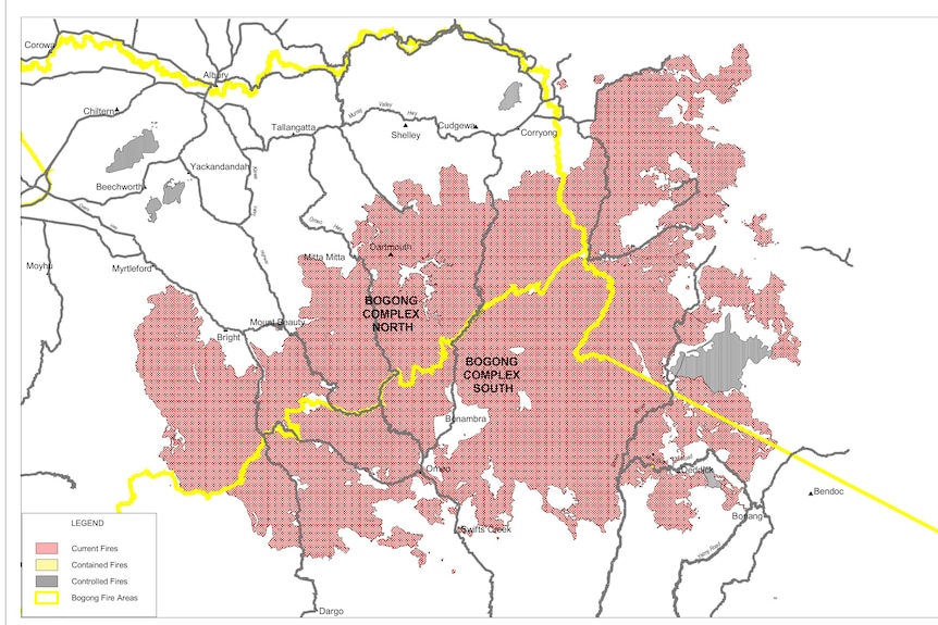 A map showing where fires burned in Victoria in 2003.