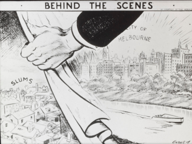 A cartoon from the 1930s showing a hand pulling back a curtain to reveal a slum area.