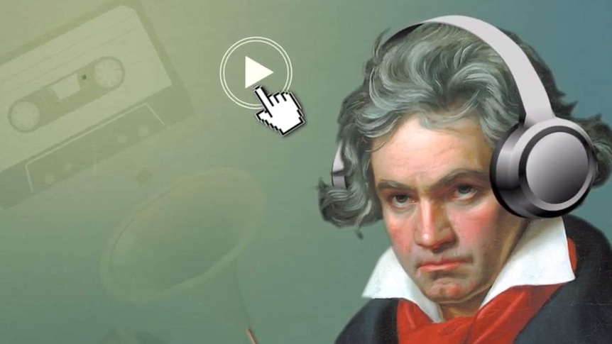 Ludwig van Beethoven wears headphones. A "play" button is next to his head and cassette tape fades into the background.