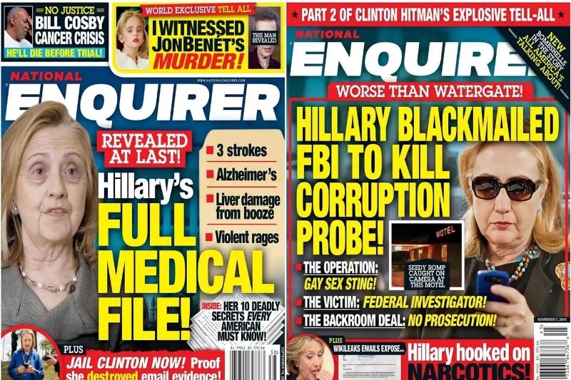 Two front pages of the National Enquirer show unflattering photos of Hillary Clinton with negative headlines.