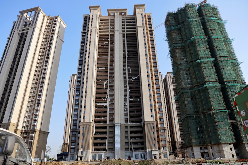 Residential buildings under construction are seen at Evergrande Cultural Tourism City