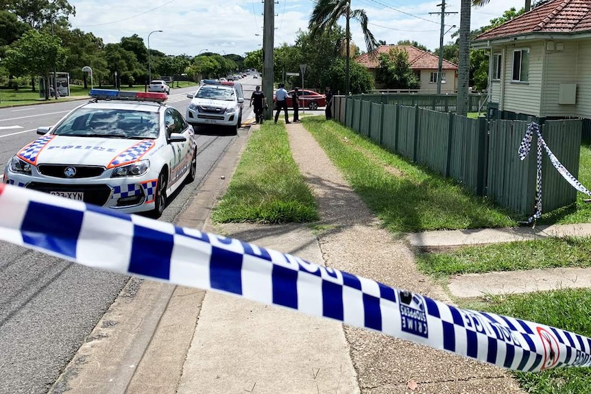 Police cars and tape outside a house at Zillmere on Brisbane's north on March 7, 2020.