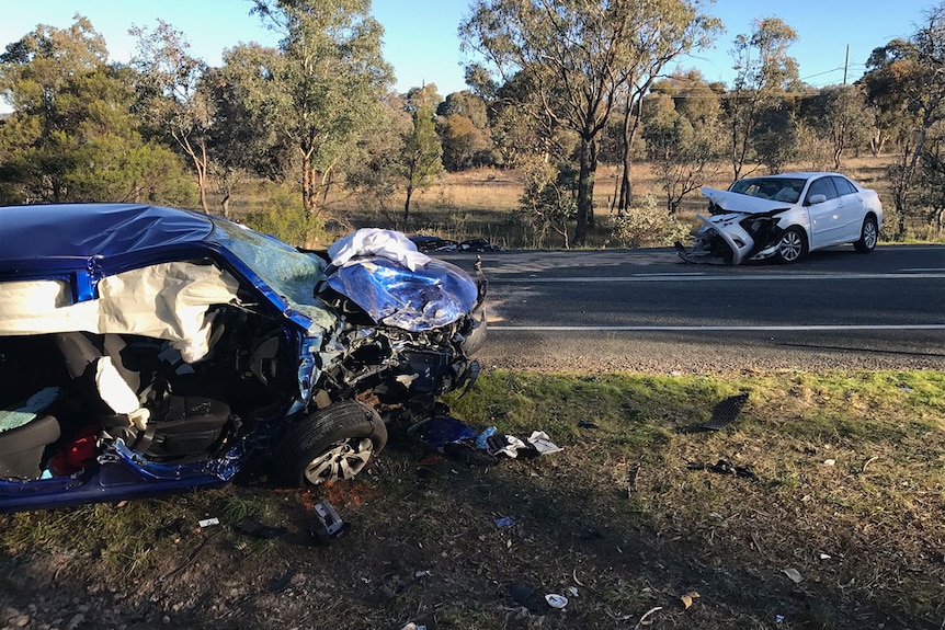 Two cars were destroyed in the fatal collision on Long Gully Road in Isaacs.