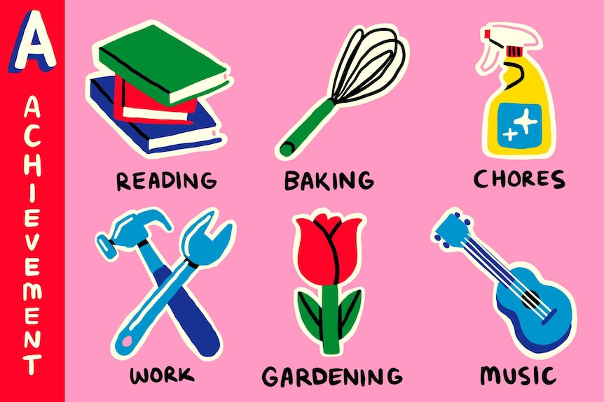 Illustration of Achievement activities such as reading, baking, chores, work, gardening, music