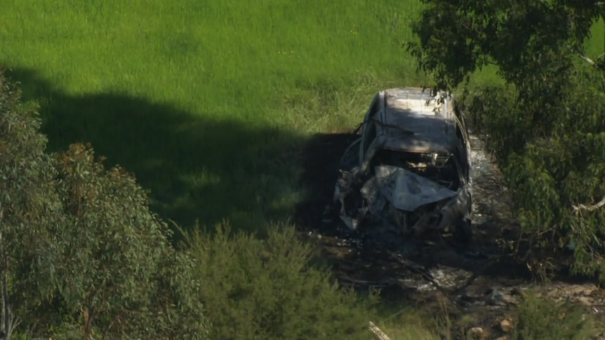 The remains of a burnt car in a grassy field.
