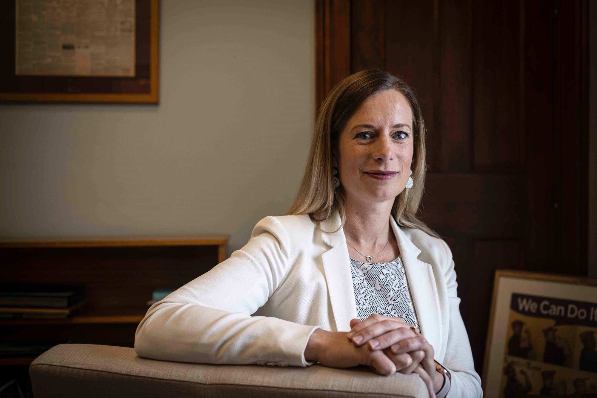 Tasmanian Labor Leader Rebecca White looks at the camera.
