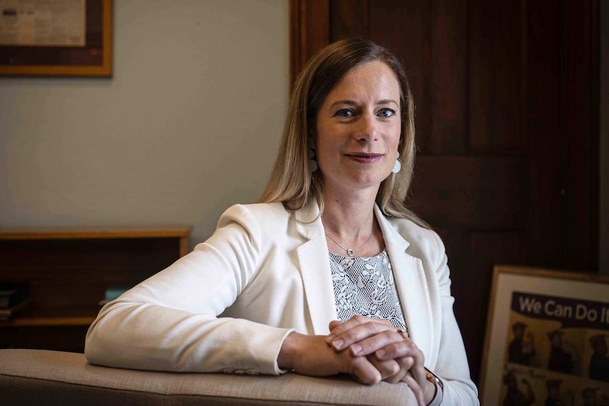 Tasmanian Labor Leader Rebecca White looks at the camera.