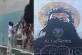 A composite of a man painting, and a mural with black paint on it.
