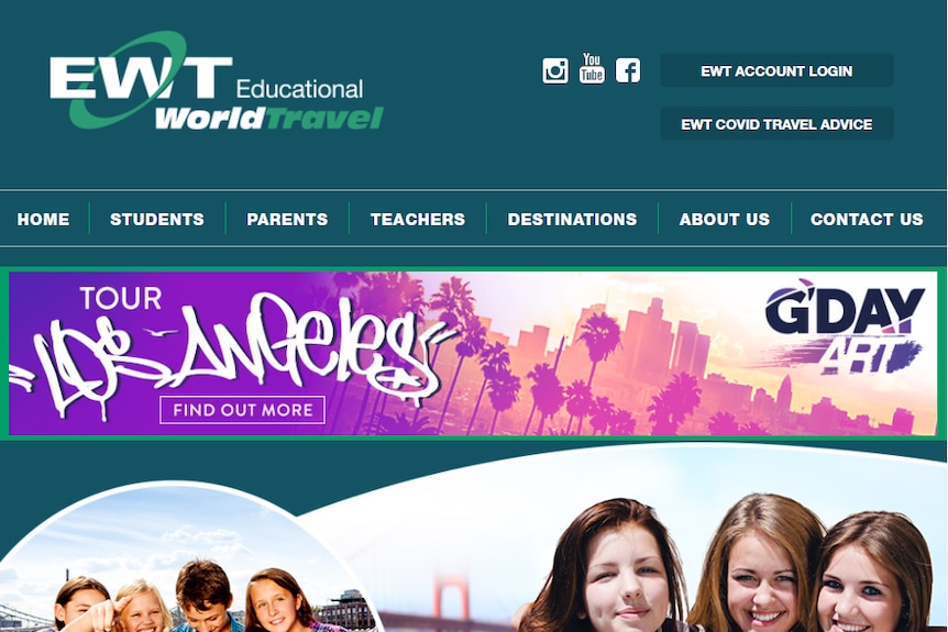 Picture of travel company's website showing smiling faces of school students