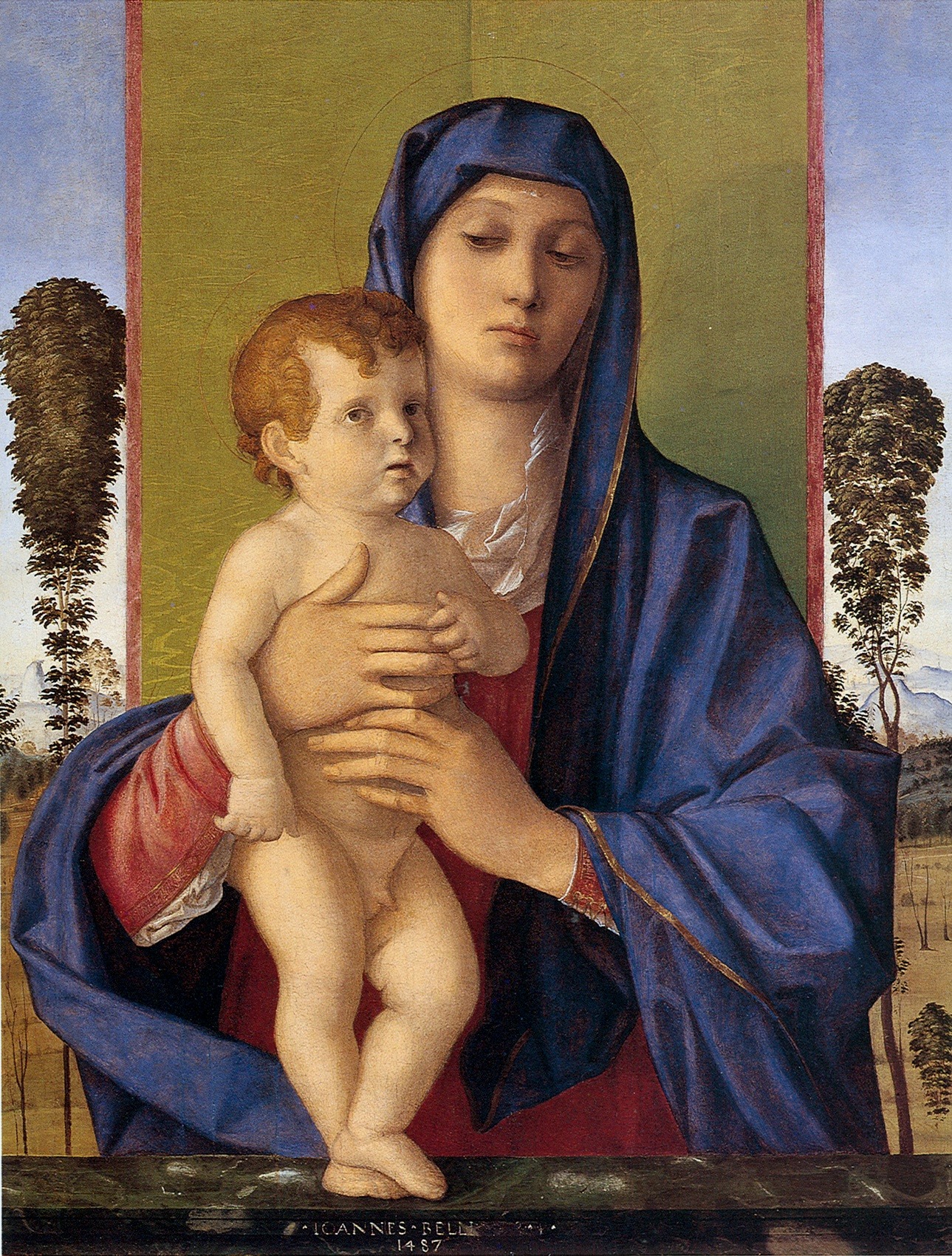 A painting of Madonna holding a baby.