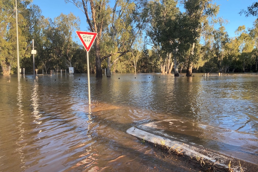 Floodwater receding from a sports field.