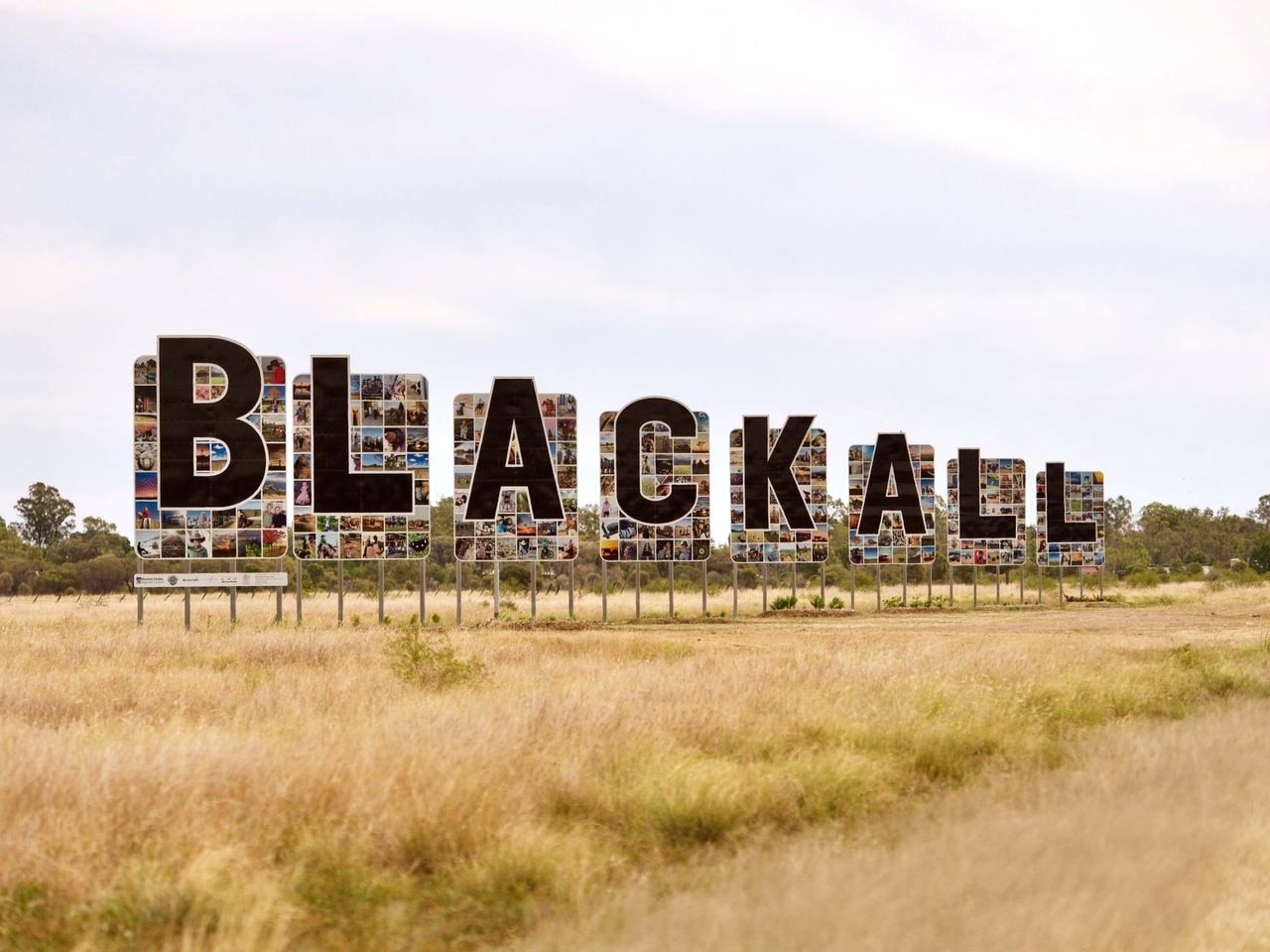 Signs lining a highway with big black letters spelling Blackall, each on a background of a grid of photos.