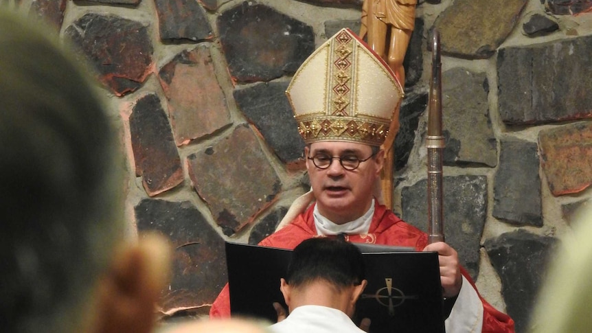 Bishop of Broken Bay Peter Comensoli speaks from a pulpit.