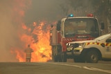 Firefighter walks towards wild flames at the Carwoola fire ground.