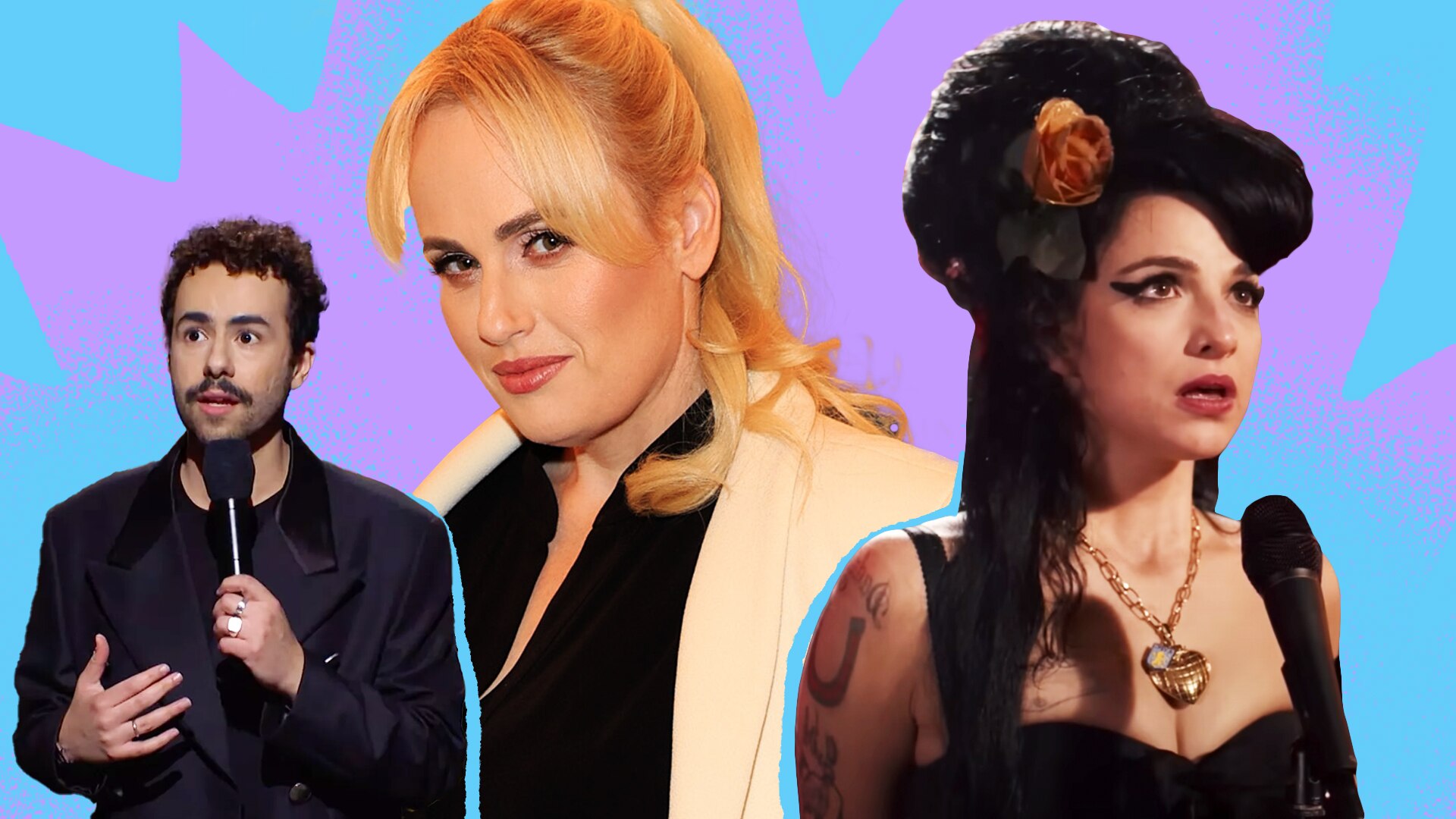 Composite image of a young man taking into a mic, a blond woman looking into the camera and young woman with black hair singing