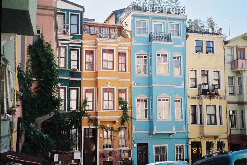 Apartment buildings are seen in a busy street in Istanbul. They're multicoloured and a vine grows on a pink one to the left.