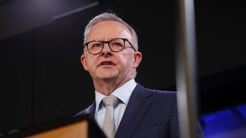 Labor Leader Anthomy Albanese looks over a podium at the the press club audience