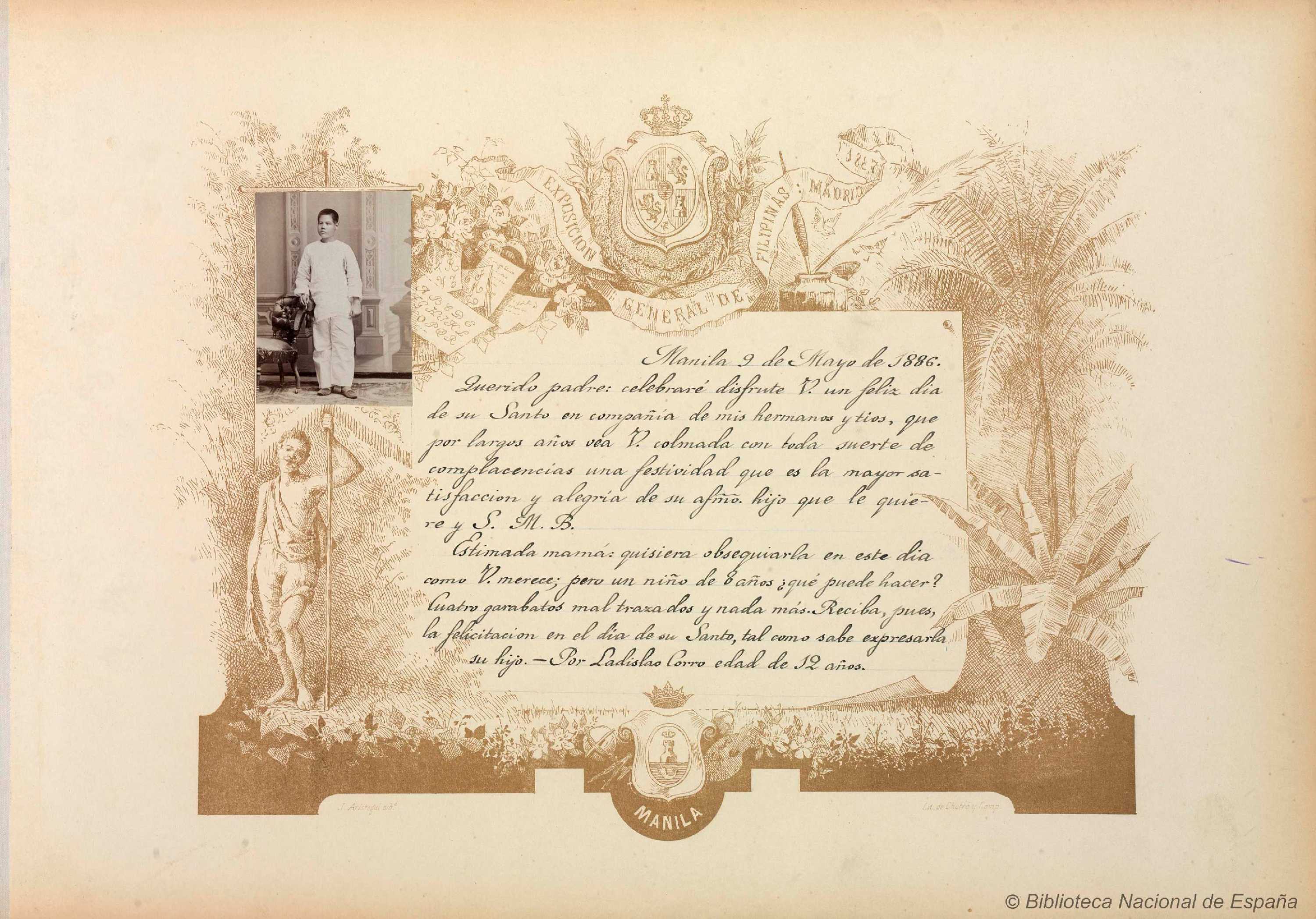 A scanned page from a 19th-century album showing the calligraphy work of a young student with a portrait of a child on the left.