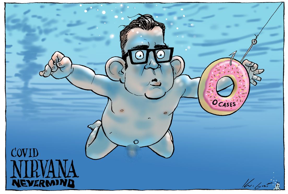 A cartoon depicting former premier Daniel Andrews nude, swimming towards a donut.