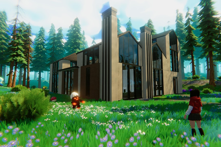 A computer generated forest scene with a house and a small creature
