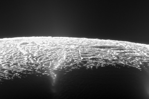 A close up image of Saturn's ice moon Enceladus taken by the Cassini spacecraft.