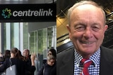 A composite photo of people in line at Centrelink and Gerry Harvey