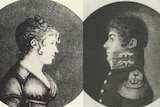 Two black and white portrait sketches of a man and woman, with the man wearing a naval outfit and the woman with a dress.