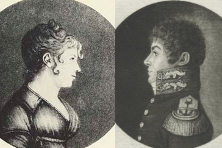 Two black and white portrait sketches of a man and woman, with the man wearing a naval outfit and the woman with a dress.