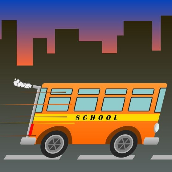 Picture graphic of a school bus, the bus is yellow and orange, there are grey buildings in the background and a purple sky