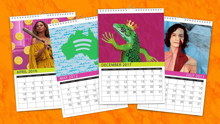 A collage of calendars with images of Beyonce, the Spotify logo, a king Gizzard, and Gotye