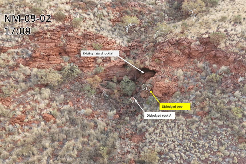 An aerial photograph of a rocky ridge with markings superimposed on the pic