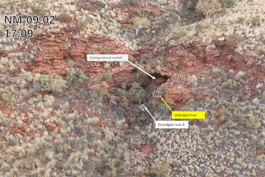 An aerial photograph of a rocky ridge with markings superimposed on the pic