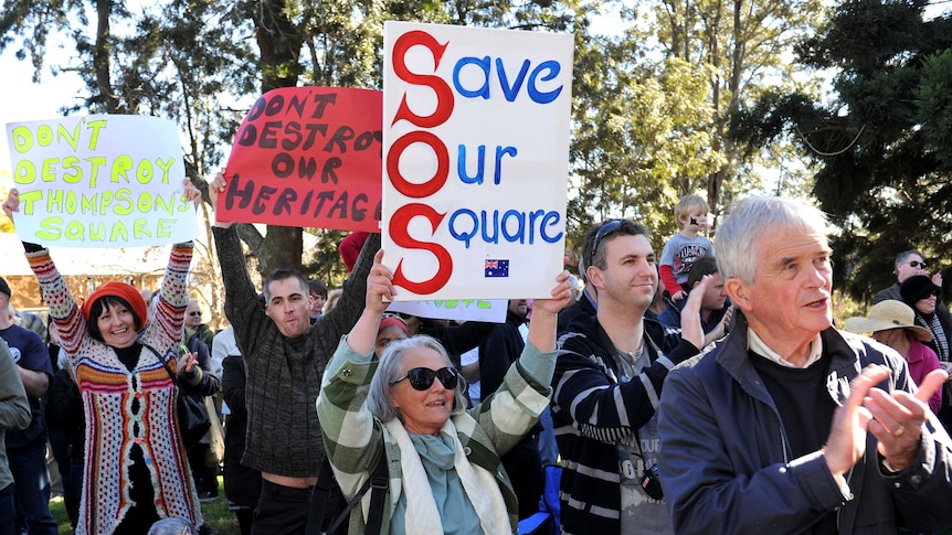 Protestors gather for a rally at Thompson Square at Windsor