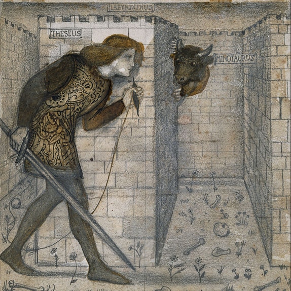 A painting of a man carrying a sword walks through tight corridors.  There is a bull-headed man peaking around one corner
