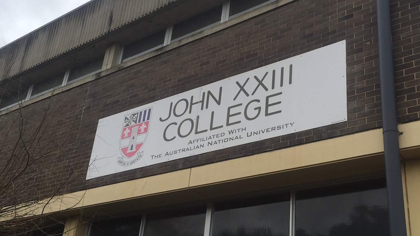 A building and sign at John XXIII College at ANU in Canberra.