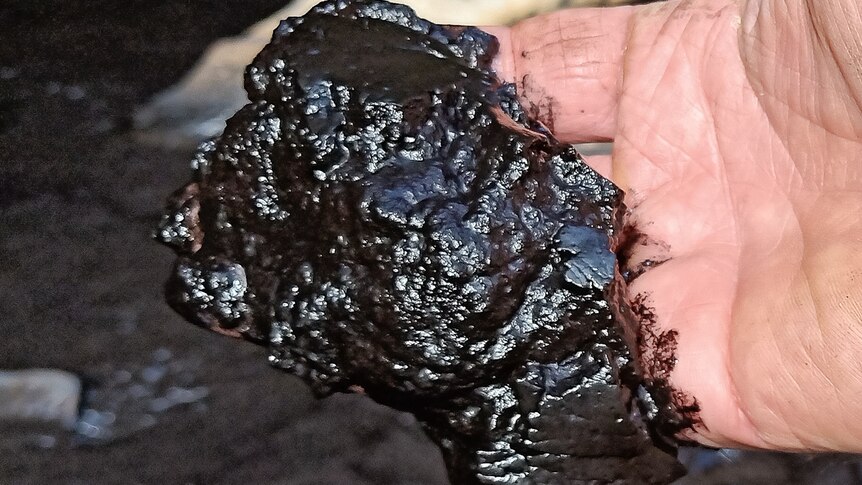 A close up of a hand with a black sludge on its fingers. 
