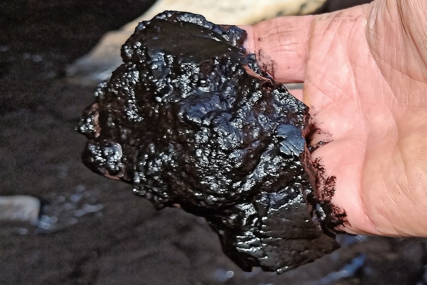 A hand covered in thick black sludge.
