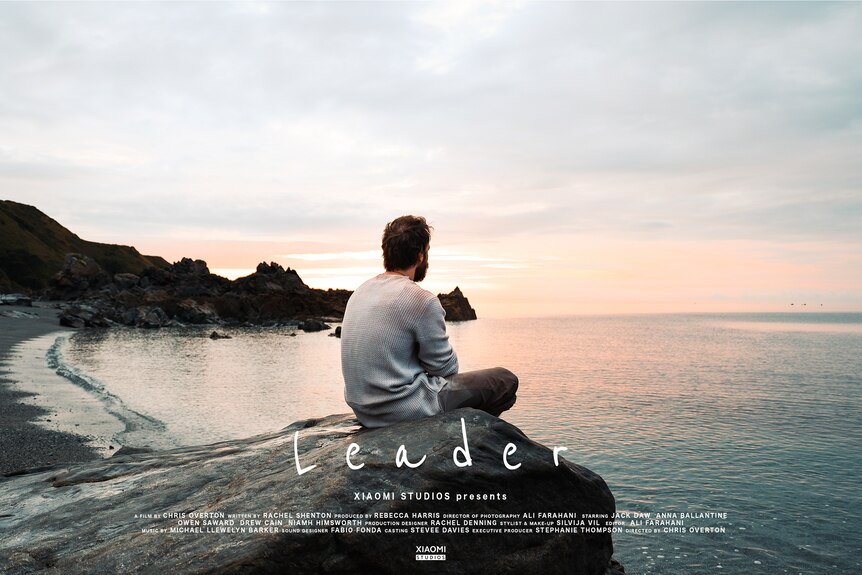 A movie poster with a man sitting on a rock looking out at the ocean