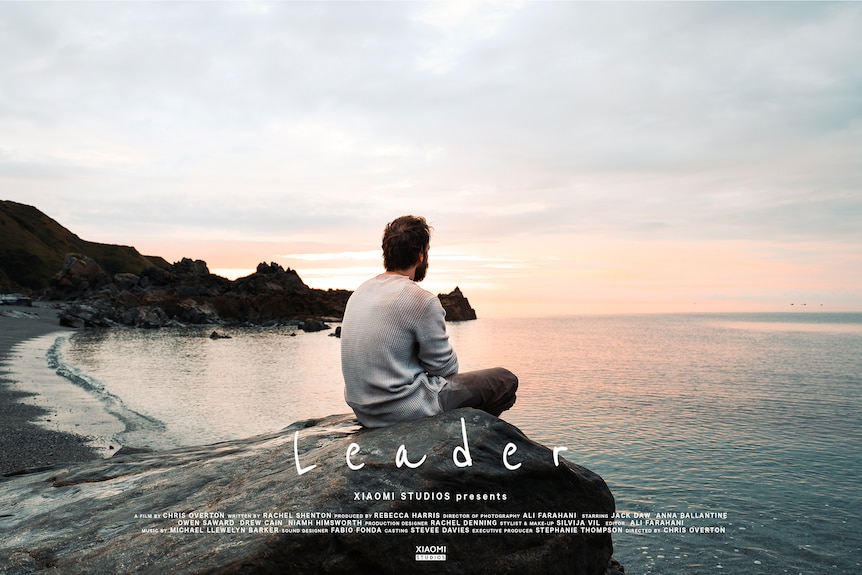 A movie poster with a man sitting on a rock looking out at the ocean