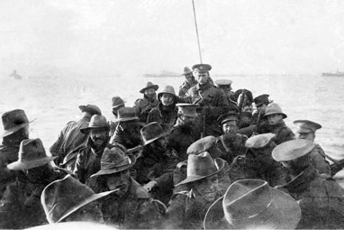 Men of the 1st Divisional Signal Company about to land at Anzac Cove. (Australian War Memorial: A02781_FS)