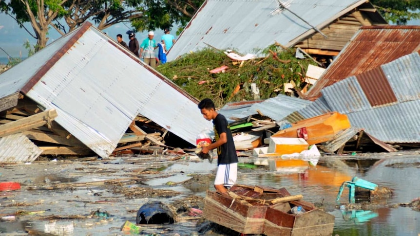 A man walks through the carnage left in the wake of the tsunami.